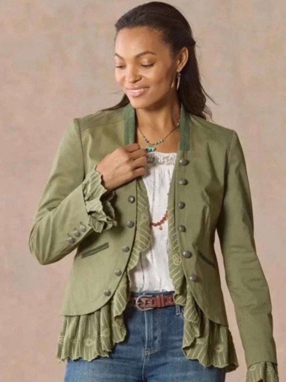 NWT Sundance Caroline Ruffle Jacket Olive Green Embroidery Boho Size Medium